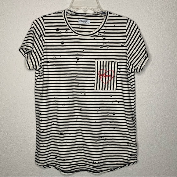 Lauren Moshi Striped Destroyed Love Pocket Tee